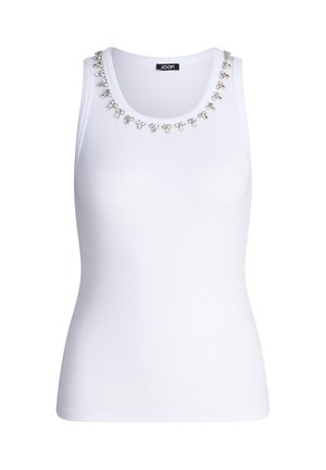 Weißes ärmelloses geripptes Tanktop mit rundem Ausschnitt, verziert mit silberfarbenen Perlenapplikationen.