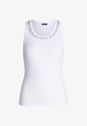 Biała bezrękawnikowa prążkowana koszulka na ramiączkach z okrągłym dekoltem ozdobiona srebrzystymi koralikami.