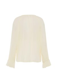Light cream blouse with long sleeves, pleated back, and flared cuffs. Made of lightweight fabric with a smooth texture.