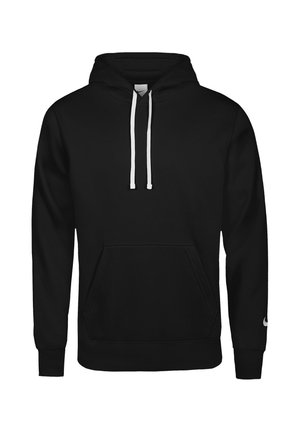Schwarzer Kapuzenpullover mit weißen Kordeln, Kängurutasche vorne, gerippten Bündchen und kleinem Logo am linken Ärmel.