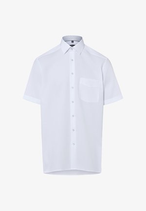 Camicia bianca a maniche corte con bottoni, taschino sul petto e dettaglio interno del colletto con fantasia.