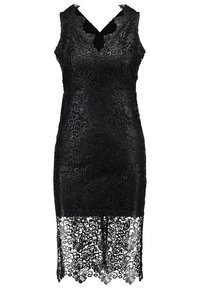 Czarna sukienka koronkowa z kwiatowym wzorem, bez rękawów, z dekoltem w kształcie litery V i falbaniastym hemem. Posiada dopasowany krój.