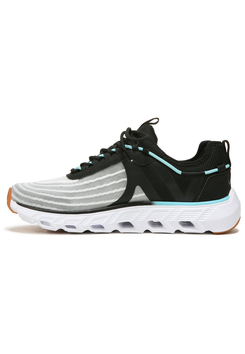 Black and gray athletic shoes with a textured upper, white midsole, and light blue accents, featuring lace-up closure and durable rubber outsole.
