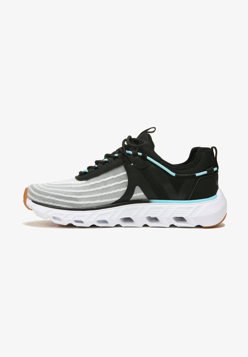 Schwarze und graue Sportschuhe mit strukturiertem Obermaterial, weißer Zwischensohle und hellblauen Akzenten, ausgestattet mit Schnürverschluss und strapazierfähiger Gummisohle.