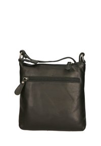 Borsa a tracolla nera in pelle con tasca frontale con zip, forma rettangolare piatta, superficie liscia e tracolla regolabile.