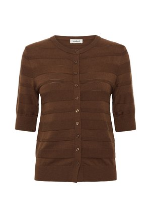 Pruun lühikeste varrukatega lõngas kardigan ümmarguse kaelusega, nupukinnitusega esiosas, vaevumärgatavate horisontaalsete triipudega ning ribakäärte ja -alushelmega.