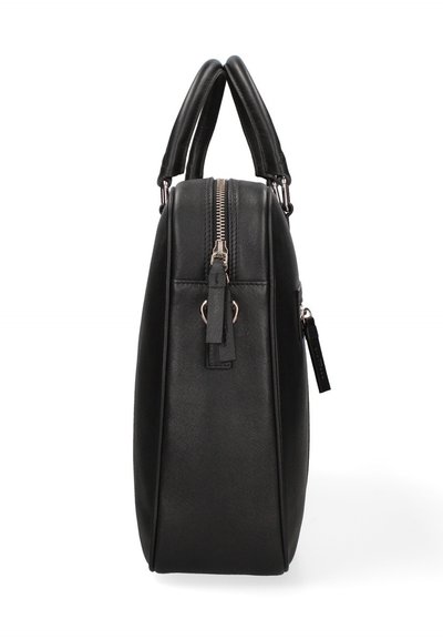 Zwarte leren handtas met een gestructureerde afwerking, voorzien van dubbele handvatten, een ritssluiting aan de bovenkant en metalen hardware accenten. Rechte, gestructureerde vorm.
