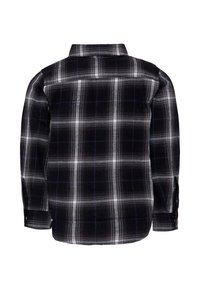 Camicia di flanella a quadri neri e grigi con maniche lunghe, caratterizzata da un colletto button-down e spacchi laterali per maggiore comfort.