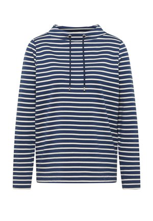 Chemise à manches longues à rayures horizontales bleu marine et blanches, avec un col montant et des cordons marins au niveau du col.