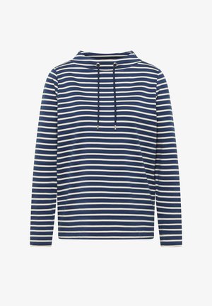 Langärmeliges Hemd mit horizontalen Streifen in Marineblau und Weiß, hohem Kragen und marineblauen Kordeln am Hals.