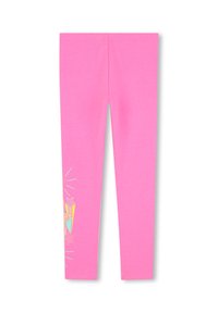 Rosa leggings tillverkade av mjuk bomull, med en färgglad grafisk design på den nedre vänstra benet med stjärnor och ett ljus accentmönster.
