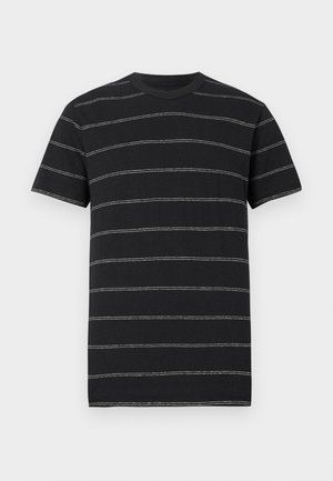 Black short-sleeve t-shirt with horizontal white stripes. Crew neck design, made from soft fabric with a smooth texture.