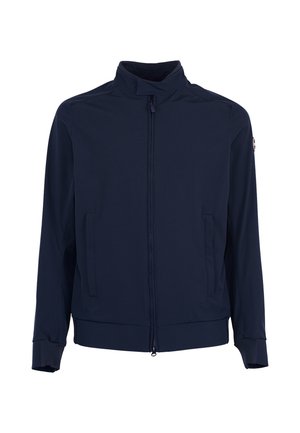 Lichtgewicht marineblauw jack met ritssluiting aan de voorkant, hoge kraag, lange mouwen, twee zijzakken en een logopatch op de linker mouw.