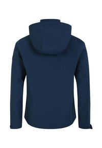 Giacca impermeabile blu navy con cappuccio, maniche lunghe e polsini regolabili. Tessuto liscio senza motivi visibili o dettagli metallici.
