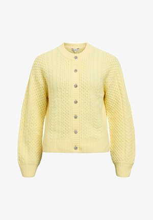 Kollane kudumist kardigan tekstuurse mustriga, ümara kaelusega ja kuue dekoratiivse nööbiga ees. Soonilised varrukaservad ja ääris.