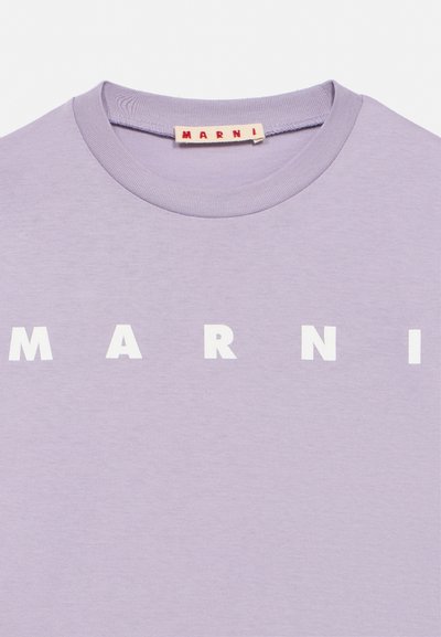 Light purple crew neck T-shirt with white capital letters spelling "MARNI" across the chest and a small fabric label with the same text inside the collar.