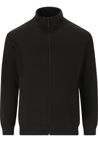 Sort zip-up hættetrøje lavet af blødt stof, med høj krave og ribbede manchetter. Minimalistisk design uden synlige logoer eller mønstre.