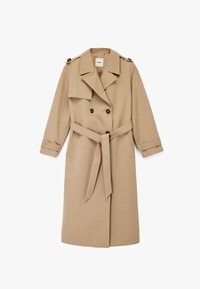Beige Trenchcoat mit doppelreihigem Verschluss, breitem Kragen, verstellbaren Manschetten und einem passenden Gürtel in der Taille, sowie seitlichen Taschen.