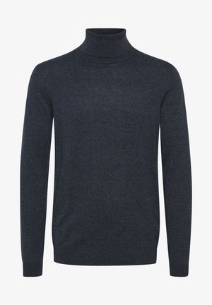 Pulover turtleneck de un bleumarin închis, confecționat dintr-un material tricotat moale, cu mâneci lungi și o siluetă ajustată, având guler și tiv cu model côté.
