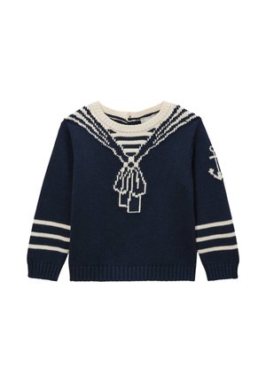 Pull en maille bleu marine avec motif col de marin blanc, poignets rayés et emblème d'ancre sur la manche gauche, conçu pour les enfants.