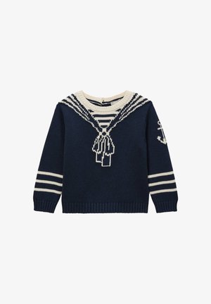 Pull en maille bleu marine avec motif col de marin blanc, poignets rayés et emblème d'ancre sur la manche gauche, conçu pour les enfants.