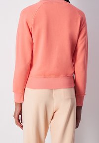 Sweat-shirt corail avec des manches raglan, des poignets et un ourlet côtelés. Texture douce, coupe décontractée. Associé à un pantalon beige clair avec une poche arrière.