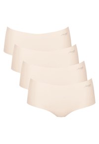 Beige naadloze ondergoedset van vier, gemaakt van zacht elastisch materiaal, met een gladde textuur en een lage taille, met een subtiel logo op de tailleband.