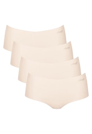 Set di quattro intimo beige senza cuciture, realizzato in morbido materiale elastico, con una texture liscia e un design a vita bassa, caratterizzato da un logo discreto sull'elastico.