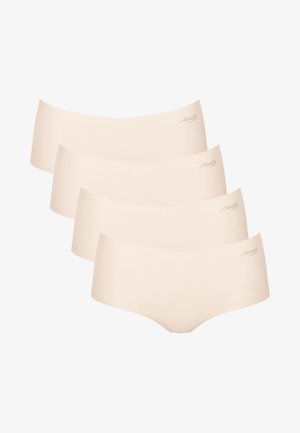 Ensemble de quatre sous-vêtements beige sans couture, fabriqué en matériau élastique doux, avec une texture lisse et un design taille basse, présentant un logo subtile sur la ceinture.