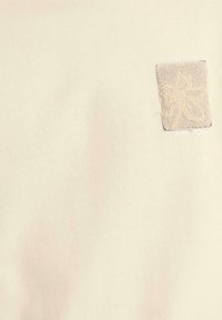 Lichtbeige sweatshirt met een gestructureerde patch met een bladontwerp en de tekst "WATER YOUR AMBITION" in wit. Zachte stoftextuur.