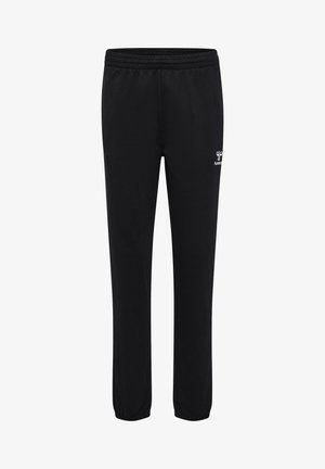 Schwarze Sweatpants aus weichem Material, mit einem elastischen Bund und Bündchen, sowie einem kleinen Logo auf der Vorderseite.
