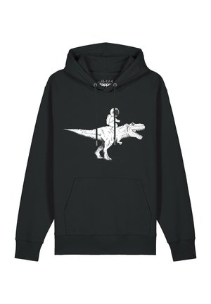 Schwarzer Hoodie mit weißer Grafik eines Astronauten, der auf einem brüllenden T-Rex-Dinosaurier vorne reitet.