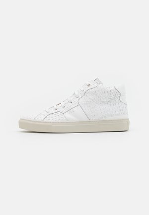 White high-top sneaker with textured crocodile pattern and beige rubber sole, side view on a plain white background.