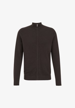 Dunkelbrauner Zip-Up-Pullover mit hohem Kragen, geripptem Saum und Bündchen, strukturiertem Strickmuster und vorderem Reißverschluss. Weicher Stofffinish.