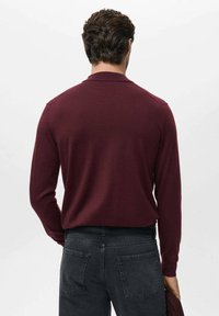 Hombre con cabello castaño corto y rizado, que lleva un suéter burdeos de manga larga y jeans gris oscuro, de pie de espaldas a la cámara.