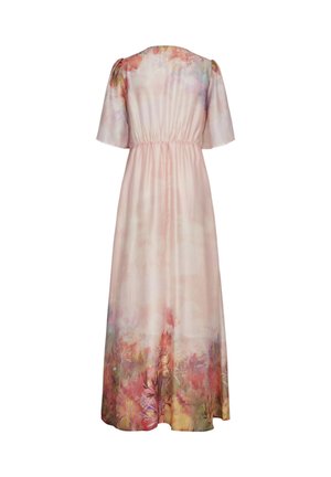 Achteraanzicht van een maxi-jurk in pastelkleurig roze met korte mouwen, een getailleerde taille en een bloemenprint langs de zoom.