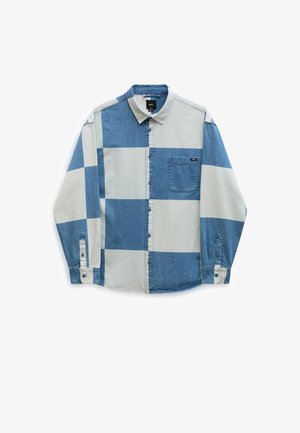 Camicia a quadri blu e azzurri in tessuto denim, con colletto classico, apertura frontale con bottoni, taschino sul petto e polsini regolabili.
