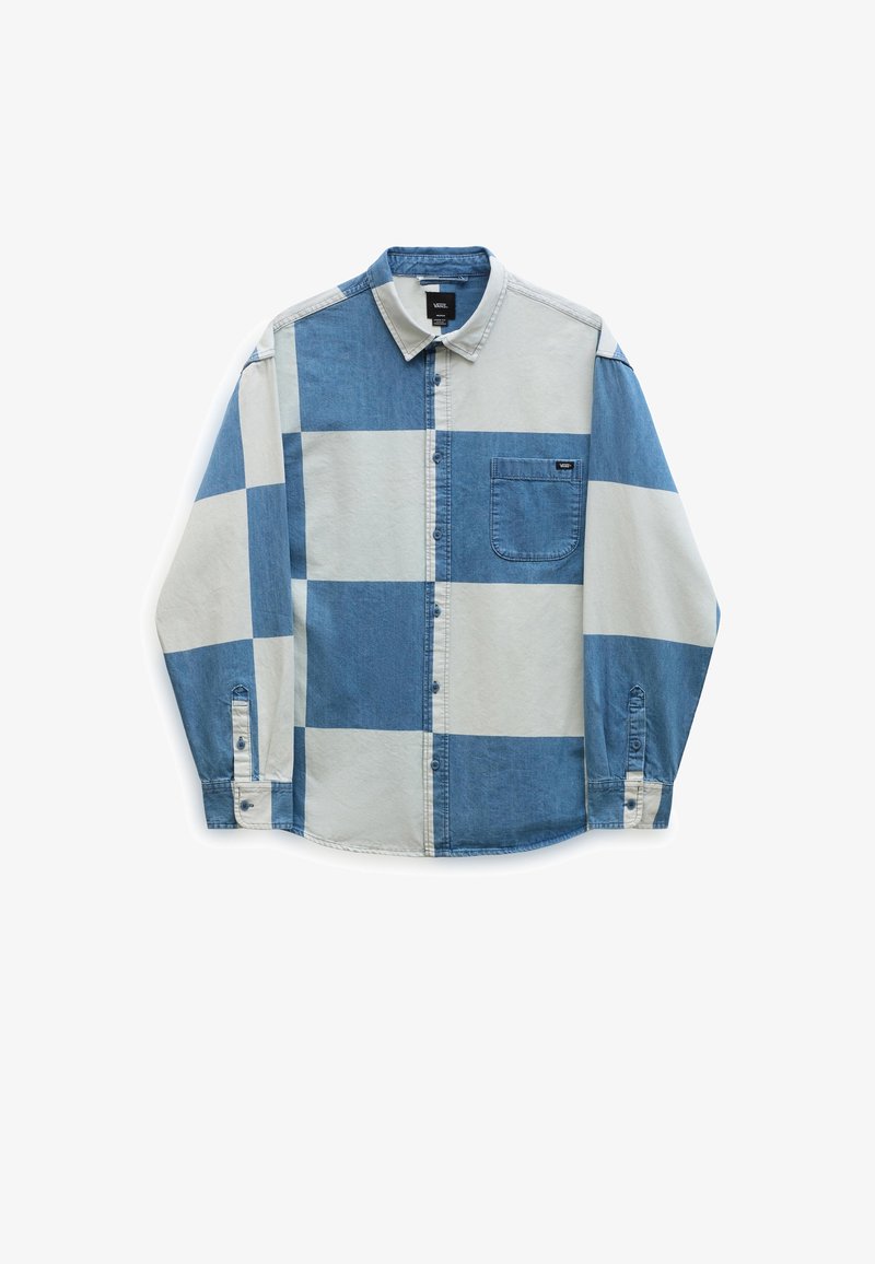 Blue and light blue checkered shirt in denim fabric, featuring a classic collar, buttoned front, chest pocket, and adjustable cuffs.