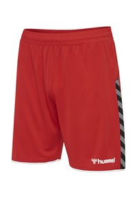 Rote Sportshorts aus leichtem Stoff. Mit schwarzen Streifen an den Seiten und einem weißen Logo auf der unteren rechten Vorderseite.