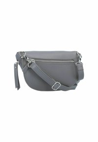 Borsa a tracolla in pelle grigia con finitura testurizzata, dotata di una tasca frontale con zipper e una tracolla regolabile. Accenti in hardware argentato.