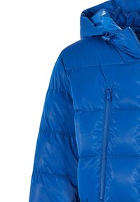 Blue puffer jacket with a shiny finish, quilted design, and a front zipper pocket. Features a fitted hood and contrast stitching.
