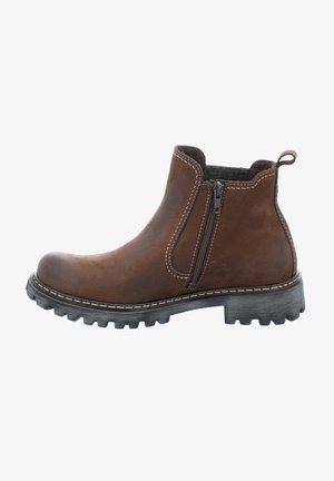 Brown leather ankle boot with side zipper, textured finish, contrasting white stitching, and rugged black rubber sole with lugs.