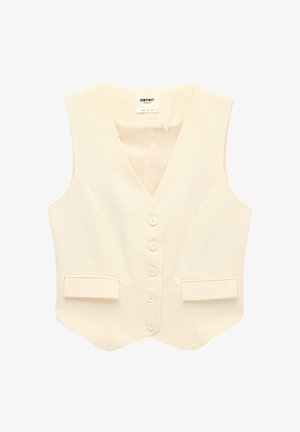 Ærmeløs vest i cremefarve med fem knapper foran, V-halsudskæring og to klaplommer ved taljen.