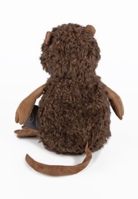 Brown plush toy with curly fur texture, tan fabric accents on arms and tail, and a flat base for stability. Soft and cuddly design.