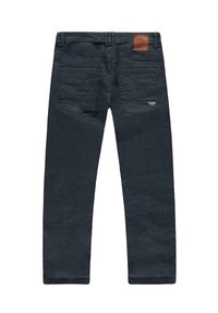 Donkergrijze katoenen broek, met een rechte pijpjes ontwerp, voorzien van twee achterzakken, een leren accent op de tailleband en een klein logo op de rechtermouw.