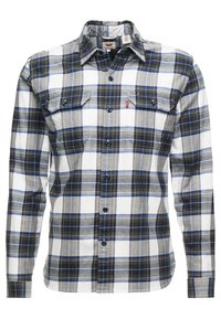 Camisa de cuadros de manga larga en tonos azul, verde y blanco. Cuenta con dos bolsillos en el pecho y cierres de botones, hecha de una tela con un acabado texturizado.