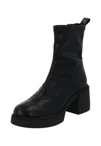 Czarne botki za kostkę o gładkim skórzanym wykończeniu, z kwadratowym noskiem, masywnym obcasem i zapięciem na zamek, zaprojektowane z elegancką, dopasowaną sylwetką.
