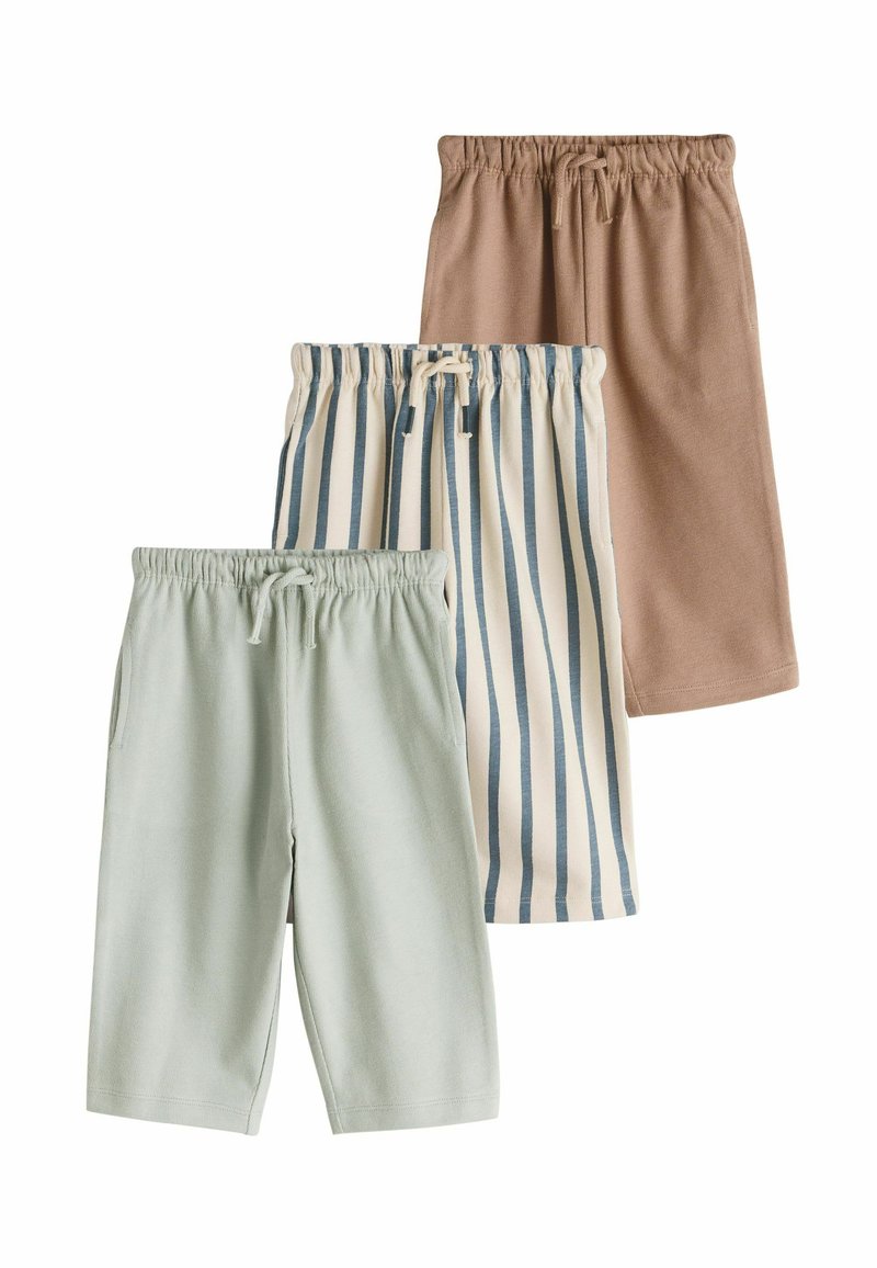 Drei kurze Hosen: eine mintgrüne, eine gestreifte in Creme und Blau und eine einfarbig braune. Alle verfügen über elastische Bündchen und Kordelzüge.