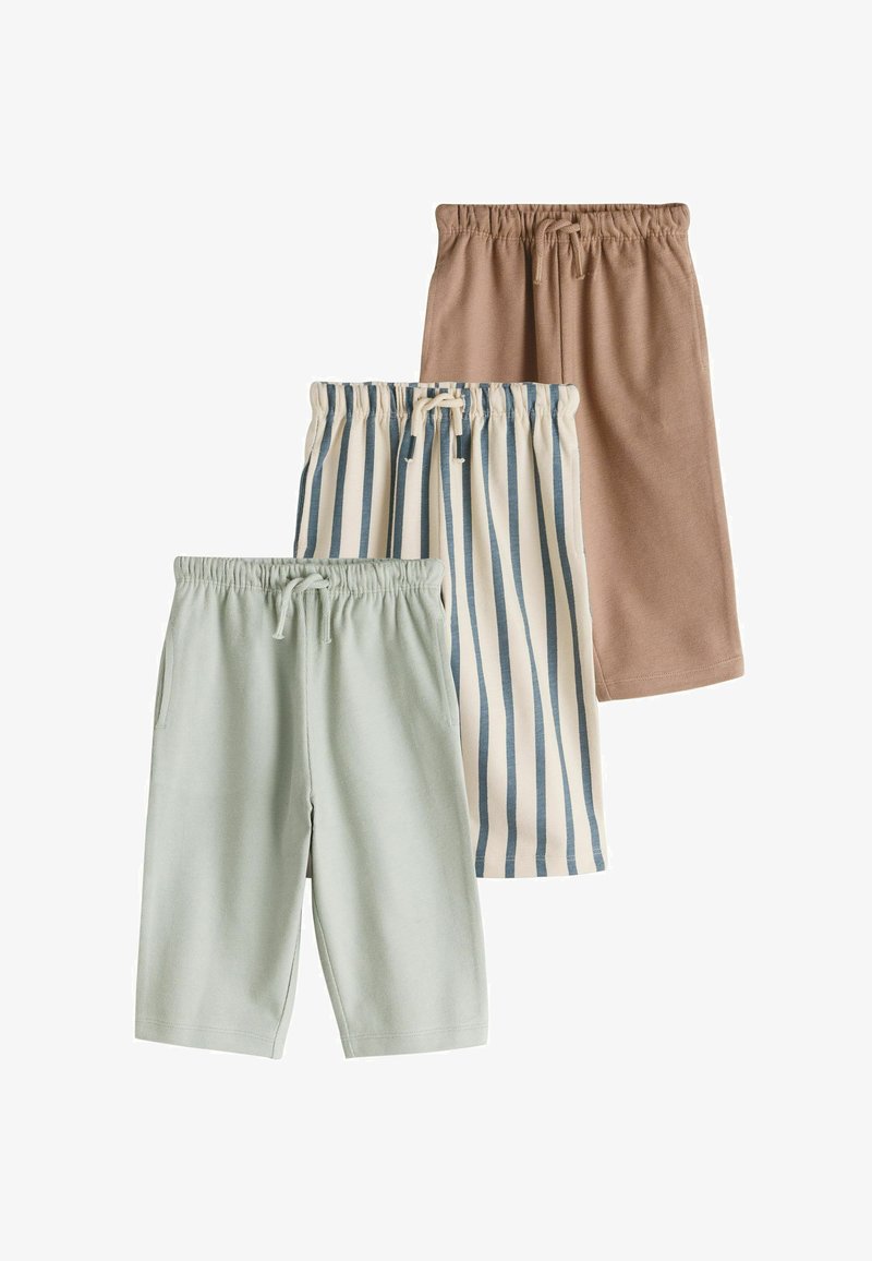 Drei kurze Hosen: eine mintgrüne, eine gestreifte in Creme und Blau und eine einfarbig braune. Alle verfügen über elastische Bündchen und Kordelzüge.