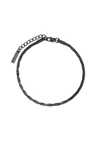 Schwarzes Kettenarmband mit miteinander verbundenen ovalen Segmenten, ausgestattet mit einer verstellbaren Kette zur Anpassung der Größe. Glatte Textur mit mattem Finish.